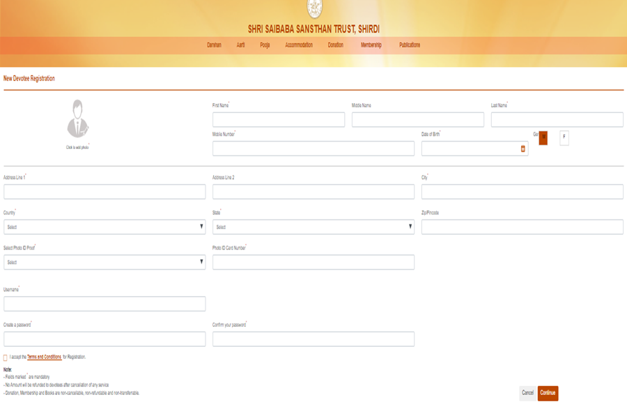 Registration Page for Shirdi Room Booking